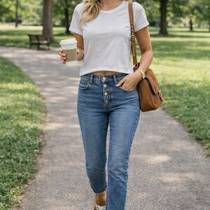 Trendy and flattering H&M high-rise jeans featuring a stylish button fly closure